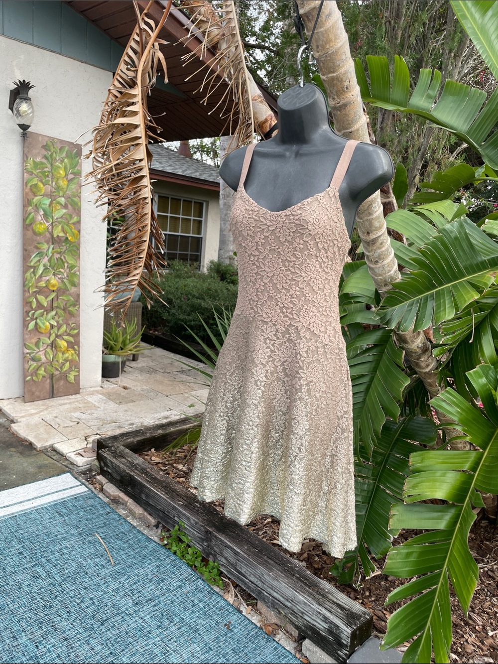 metallic gold lace, ombre dress with spaghetti straps